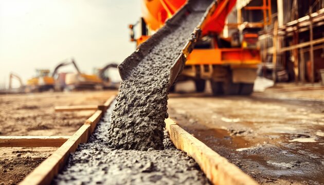 Concrete is being poured from a chute into a wooden frame at a construction site with machinery in the background.