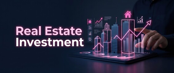 Real estate investment growth with digital city skyline and upward trending graph