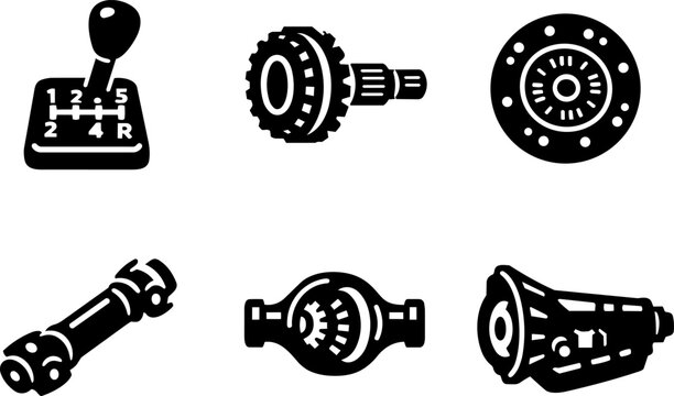 Automotive transmission and gearbox silhouette icon set