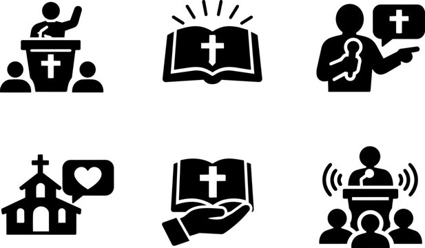 Christian preacher and religious community silhouette icon collection
