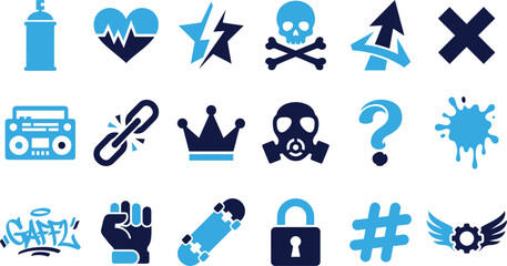 Graffiti and modern icons collection featuring blue and dark blue elements. © Icon Set