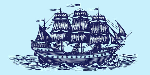 Historic sailing ship illustration in blue ink sketch style © Subarna