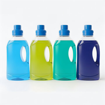 Four colorful liquid detergent bottles in a row