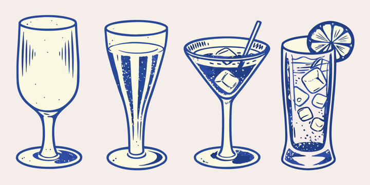 Hand Drawn Blue Line Art Of Various Cocktail Glasses
