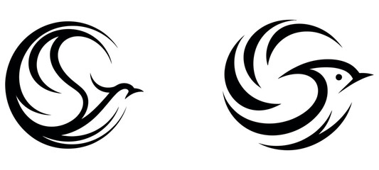 Fototapeta premium Minimalist black and white bird logo icons set featuring circular abstract avian silhouettes.