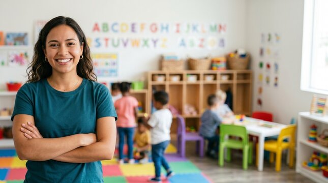 Portrait of confident young woman teacher in modern primary school classroom. Education concept, diverse preschool learning background and professional educator with arms crossed.