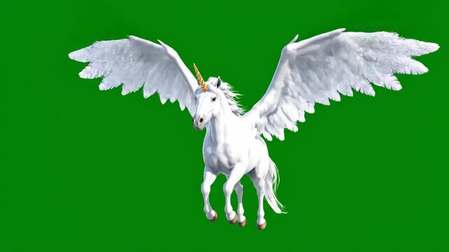 White winged unicorn with golden horn flying on green screen. Use for fantasy, mythical, magical projects.