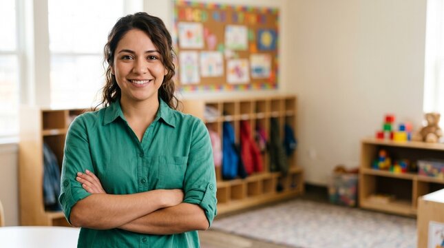 Portrait of smiling young hispanic female teacher standing in classroom with arms crossed education back to school early childhood development and elementary school concept