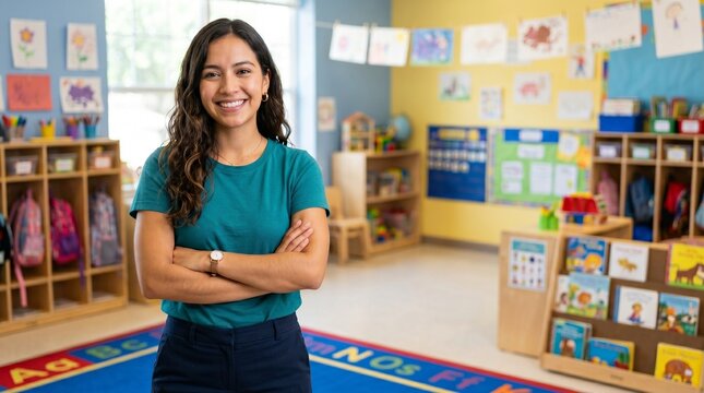 Confident young female preschool teacher in bright classroom with educational posters and toys