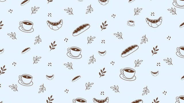Bakery breakfast, pastry and beverage doodle seamless pattern background animation set for cafes. Motif pattern of coffee cup, croissant, bread loaves, leaves doodle illustration for dessert