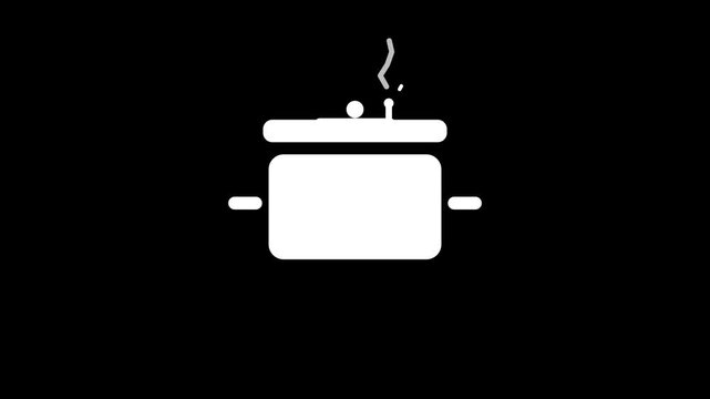 Minimalist white cooking pot icon with rising steam on a black background. A flat vector-style kitchenware animation of a boiling saucepan with a lid and handles. Modern culinary graphic symbol for