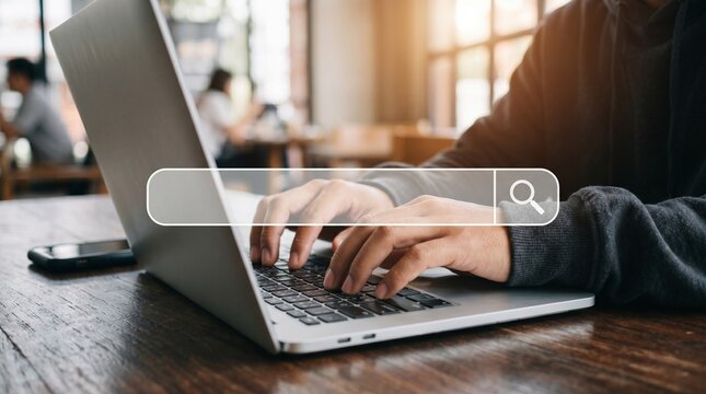Side view of hands typing on laptop in cafe with search bar graphic, online navigation and web browsing concept for digital nomad lifestyle