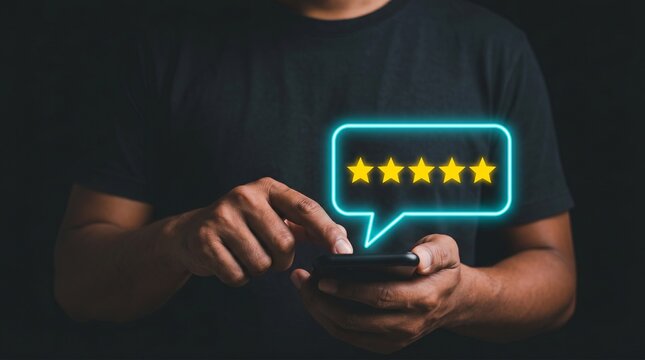 Businessman using smartphone for five star rating and customer feedback review. Concept of service excellence, client satisfaction survey, marketing reputation and digital user experience.