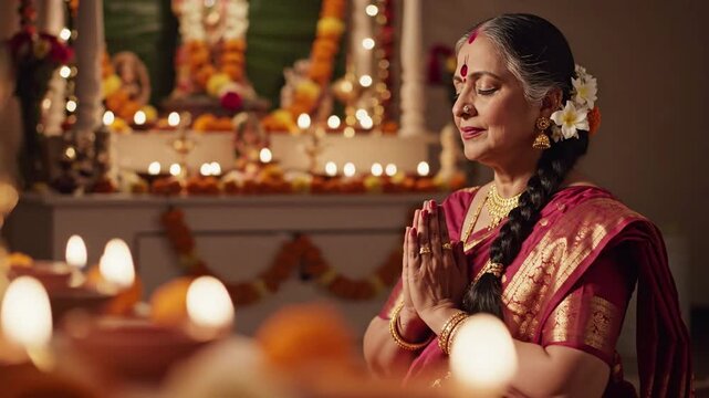 elderly woman praying with hands clasped in namaste at home altar with diyas and floral garlands, celebrating Diwali or Hindu festival, serene meditation, spiritual devotion