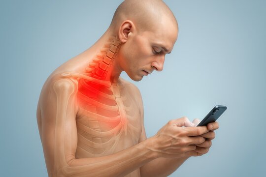 3D medical anatomical view of upper body showing text neck syndrome with head tilted downward while using smartphone, C7 Th2 region highlighted in red to illustrate strain and chronic neck tension.