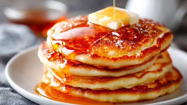 Pancakes with melting butter and syrup on a plate in a cozy kitchen setting Generative AI