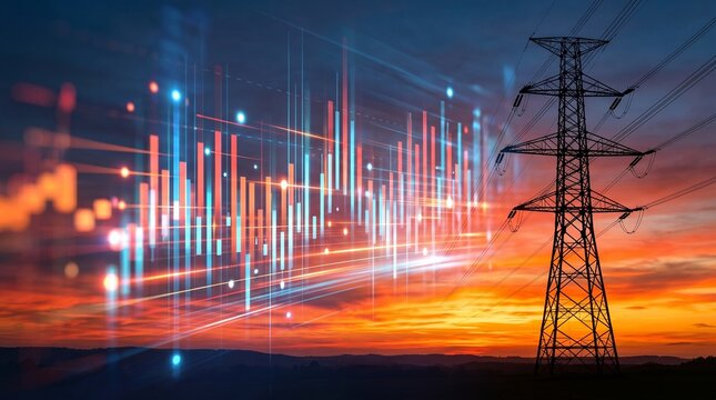 Electricity pylon with financial stock market charts and candlestick graphs at sunset. Fintech energy trading and power industry analytics for investment and utility prices.