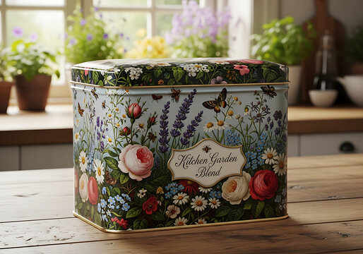 vintage floral lithograph tea tin box with roses and lavender on rustic wooden table