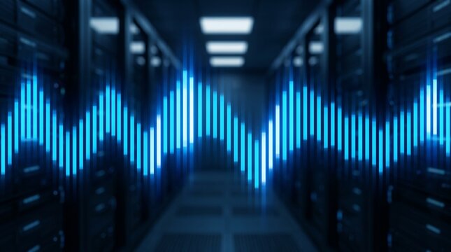 Blue glowing sound wave equalizer in blurred data center hallway. Concept of high speed network signal, cloud computing performance, digital audio processing and cyber security monitoring.