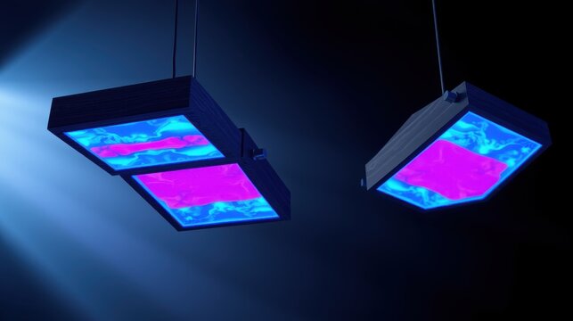 Hanging lights emit vibrant pink, blue hues. Modern design, studio setting, dramatic illumination creates striking visual effect.