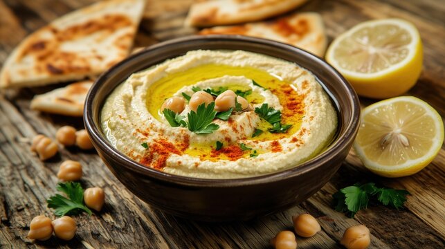 A perfectly styled bowl of creamy homemade hummus drizzled with golden olive oil, sprinkled with smoked paprika and fresh parsley, surrounded by warm pita bread, chickpeas, and lemon halves 
