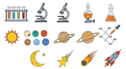 Collection of science laboratory equipment and space exploration icons in flat design © AAS CREATIVE