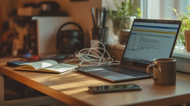 Authentic Cozy Remote Work Setup with Natural Light and Realistic Messy Desk