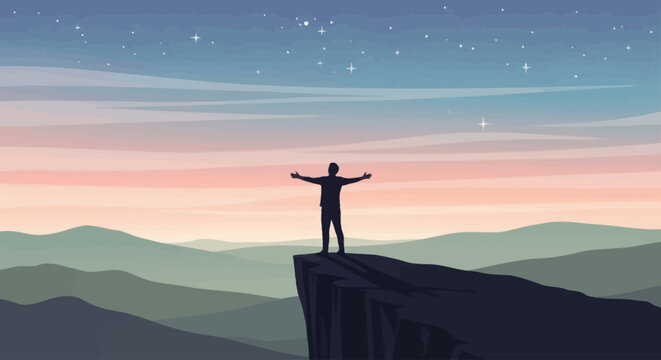 Silhouette of a man standing on a cliff edge with arms open under a starry night sky