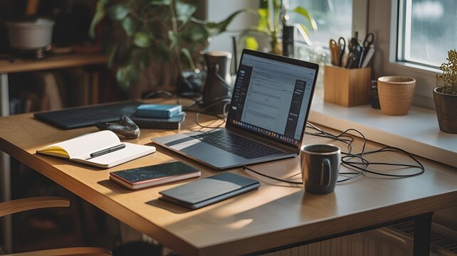 Authentic Cozy Remote Work Setup with Natural Light and Realistic Messy Desk