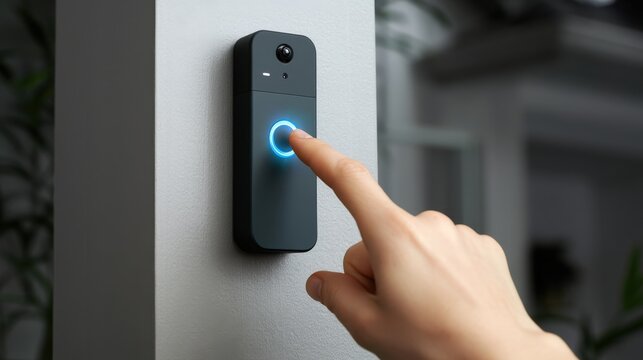 A person presses the illuminated button on a modern smart video doorbell mounted on a wall.