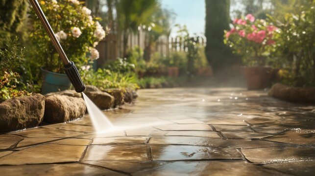 Garden maintenance scene from ground level showing pressure washer cleaning stone path symbolizing practical routine ideal for outdoor care property improvement and modern lifestyle concepts