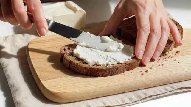 Person spreading soft white cream cheese on a slice of whole grain rye bread for healthy breakfast on wooden cutting board