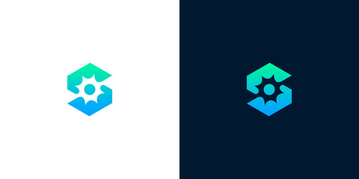Abstract S letter logo with a gear icon inside a hexagon, representing innovation, technology, solutions, and engineering for modern business branding and digital identity