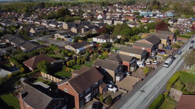 Drone. UK middle class housing estate from above. 