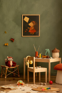 Cozy playroom corner with wooden furniture, artwork, and fall decor, perfect for children's creative play and education