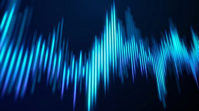 Neon blue audio frequency equalizer wave motion on dark background. Digital sound technology, fintech data stream and financial analytics concept.