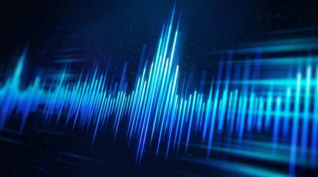 Blue digital sound wave or financial frequency bar chart background representing data processing technology audio visualization and fintech analytics