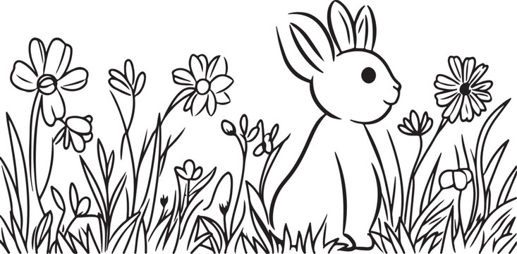 Cute bunny rabbit in green grass spring meadow illustration cartoon vector happy easter animal pet nature celebration card design