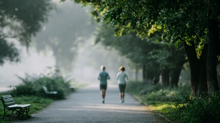 Obraz premium Two joggers run along shady, tree-covered path during early morning