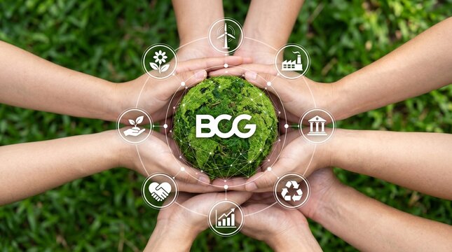 Diverse people hands holding green moss globe with BCG icons and logo, business for social responsibility and sustainable green economy concept, environmental ESG