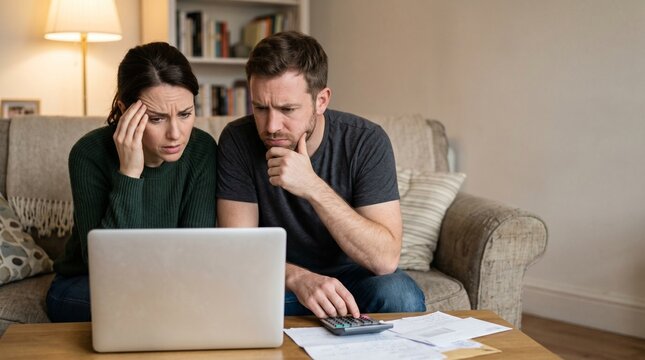 Worried young couple looking at laptop screen and using calculator to manage family budget debt financial stress and household expenses at home on sofa