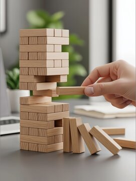 Hand removing central block from unstable wooden tower creating strong risk moment showing uncertainty, decision pressure and structural weakness, business risk, bad management and chaos