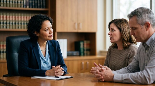Professional female lawyer or consultant listening to middle aged couple during meeting in office legal advice or family counseling