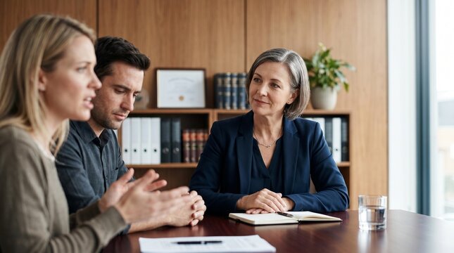 Senior female legal advisor in dark suit listening to young couple explanation during meeting in modern office. Professional consulting and mediation concept.