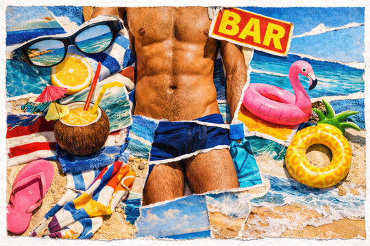 a man in a summer beach collage