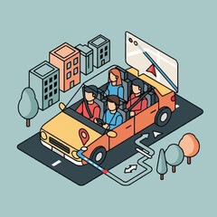 Naklejka premium Isometric illustration of family in car with map.