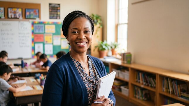Portrait of confident black female teacher smiling in elementary school classroom with blurred students on background education and career development concept