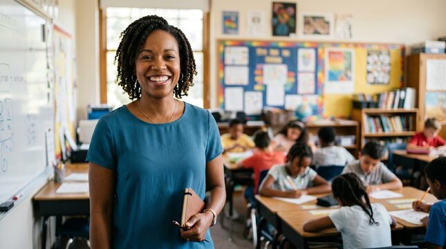 Cheerful black woman teacher standing in classroom holding notebook with students working at desks, elementary education and professional concept