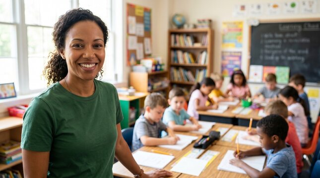 Confident African American female teacher smiling in sunlit elementary classroom with kids, diverse school environment, professional educator portrait, primary education career