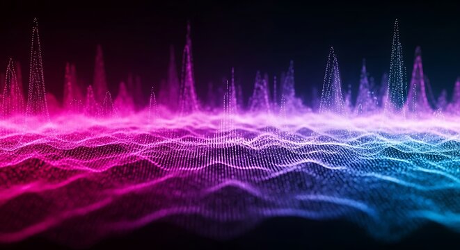 Colorful gradient wave pattern with pink, purple, and blue hues on a black background digitally created